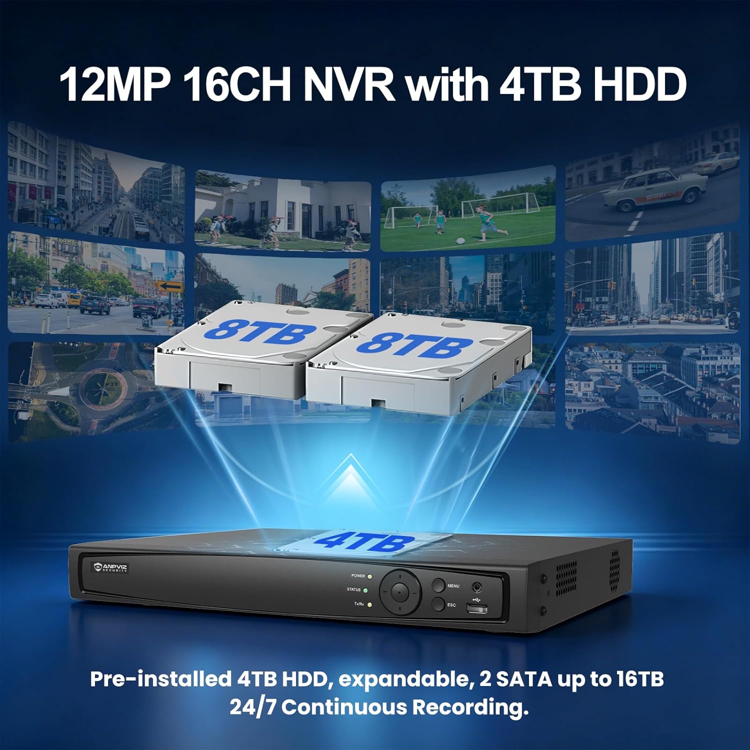 【Active Deterrent & 2-Way Audio】Anpviz 16CH PoE Security Camera System, 8X 5MP Wired IP Turret Cameras Outdoor Black, 12MP NVR with 4TB HDD, Human/Vehicle Detection, Plug&Play for Business (H Series)
