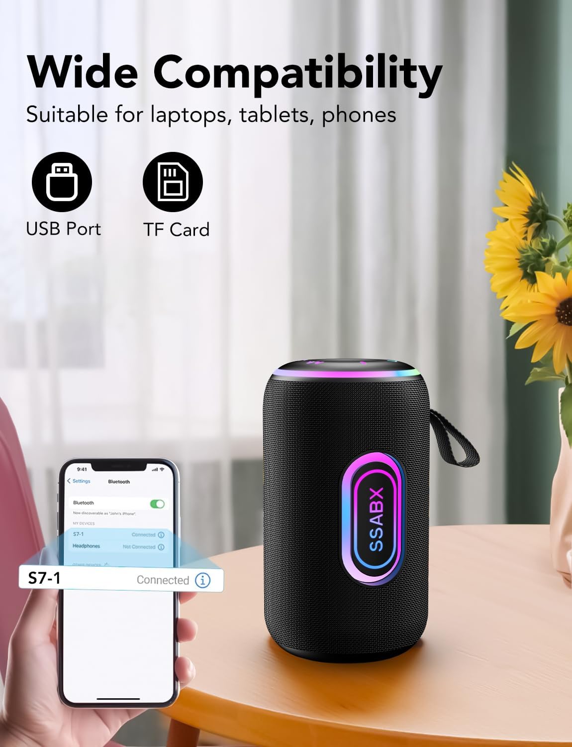 Portable Bluetooth Speaker, Bluetooth 5.4 Speaker, 30W Dual Speaker, 2.0 Channel, Deep Bass, 30H Playtime, Colorful RGB Lights, IPX7 Waterproof, TWS pairing for Outdoor/Home/Party/Travel, Gift Ideas