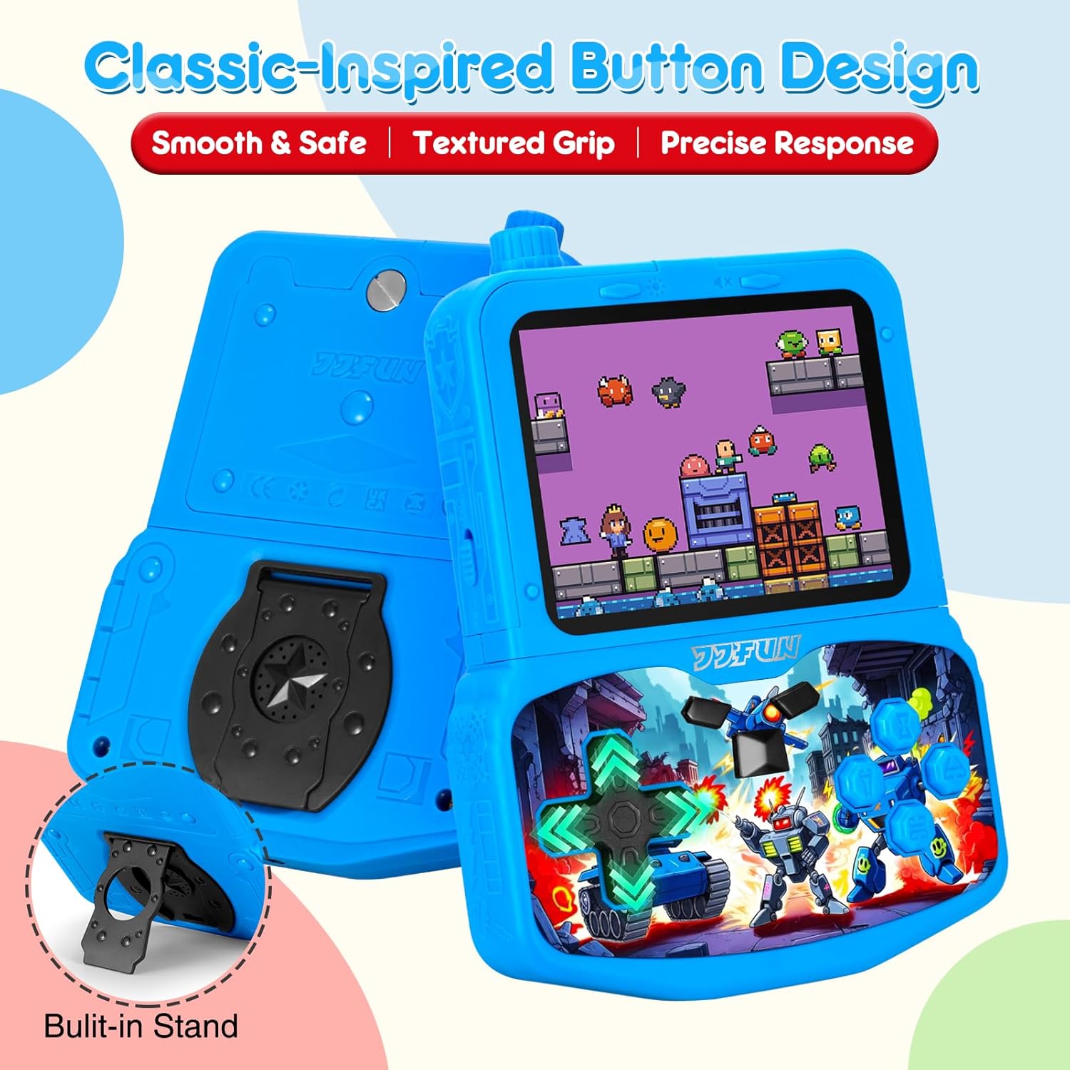 Handheld Game Console for Kids, Preloaded 220 Retro Games, 3.5'' HD IPS Screen Brightness Adjustable, Rechargeable, One-Touch Mute, Best Birthday Gift Toys for Boys Girls 4 5 6 7 8-Blue-Robot-Themed