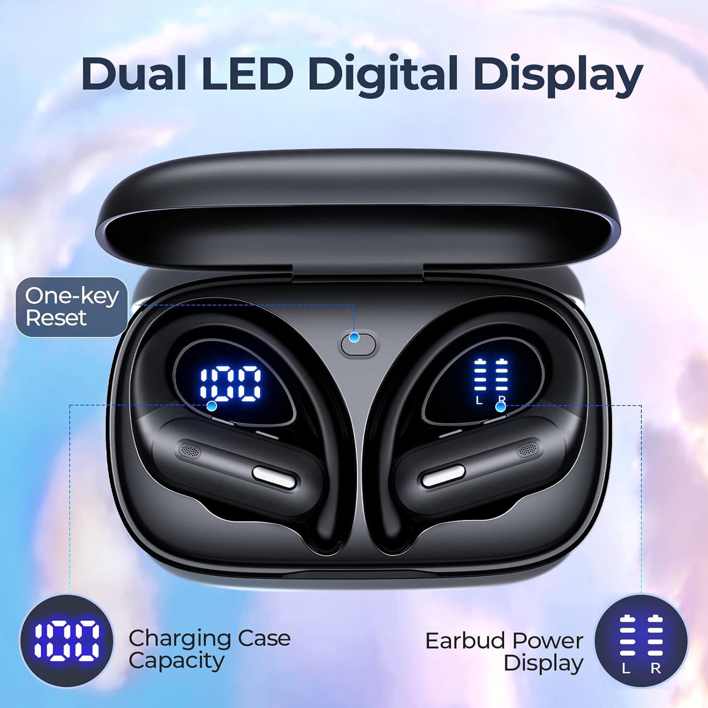 Active Noise Cancelling Bluetooth Headphones Wireless Earbuds 90 Hrs Playtime Ear Buds with Hi-Res Stereo Deep Bass Power Display Earphones with Earhooks Waterproof Transparency Headset Sports/Running