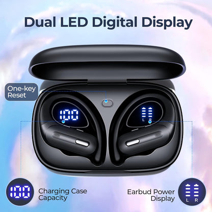 Active Noise Cancelling Bluetooth Headphones Wireless Earbuds 90 Hrs Playtime Ear Buds with Hi-Res Stereo Deep Bass Power Display Earphones with Earhooks Waterproof Transparency Headset Sports/Running