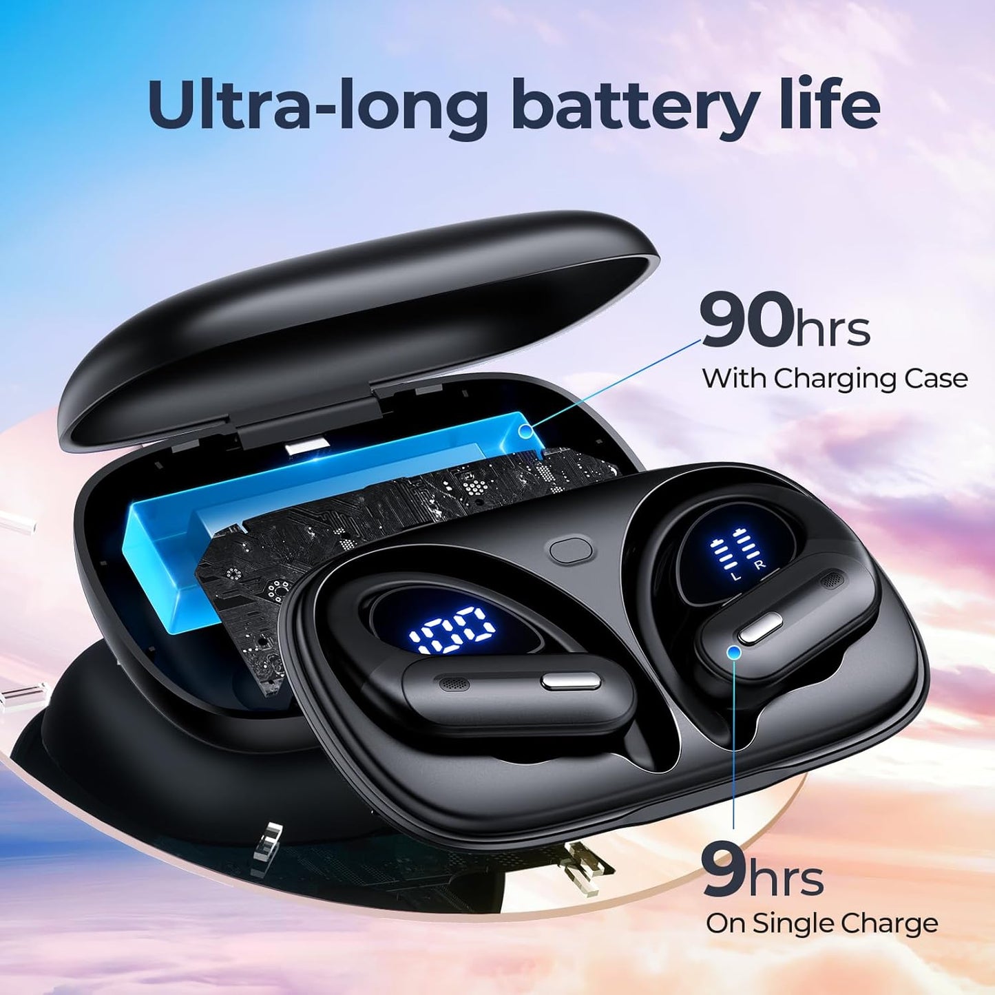Active Noise Cancelling Bluetooth Headphones Wireless Earbuds 90 Hrs Playtime Ear Buds with Hi-Res Stereo Deep Bass Power Display Earphones with Earhooks Waterproof Transparency Headset Sports/Running