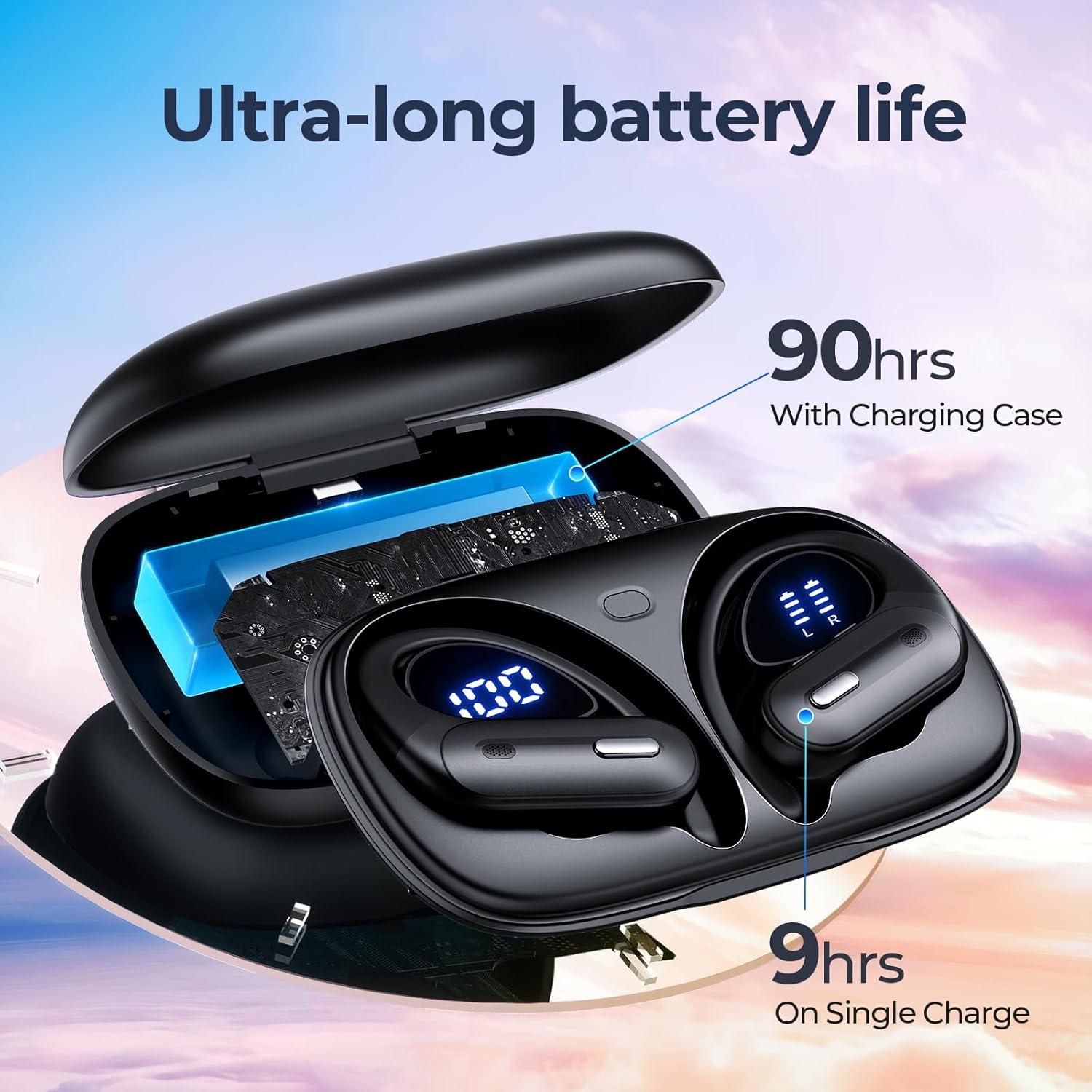 Active Noise Cancelling Bluetooth Headphones Wireless Earbuds 90 Hrs Playtime Ear Buds with Hi-Res Stereo Deep Bass Power Display Earphones with Earhooks Waterproof Transparency Headset Sports/Running