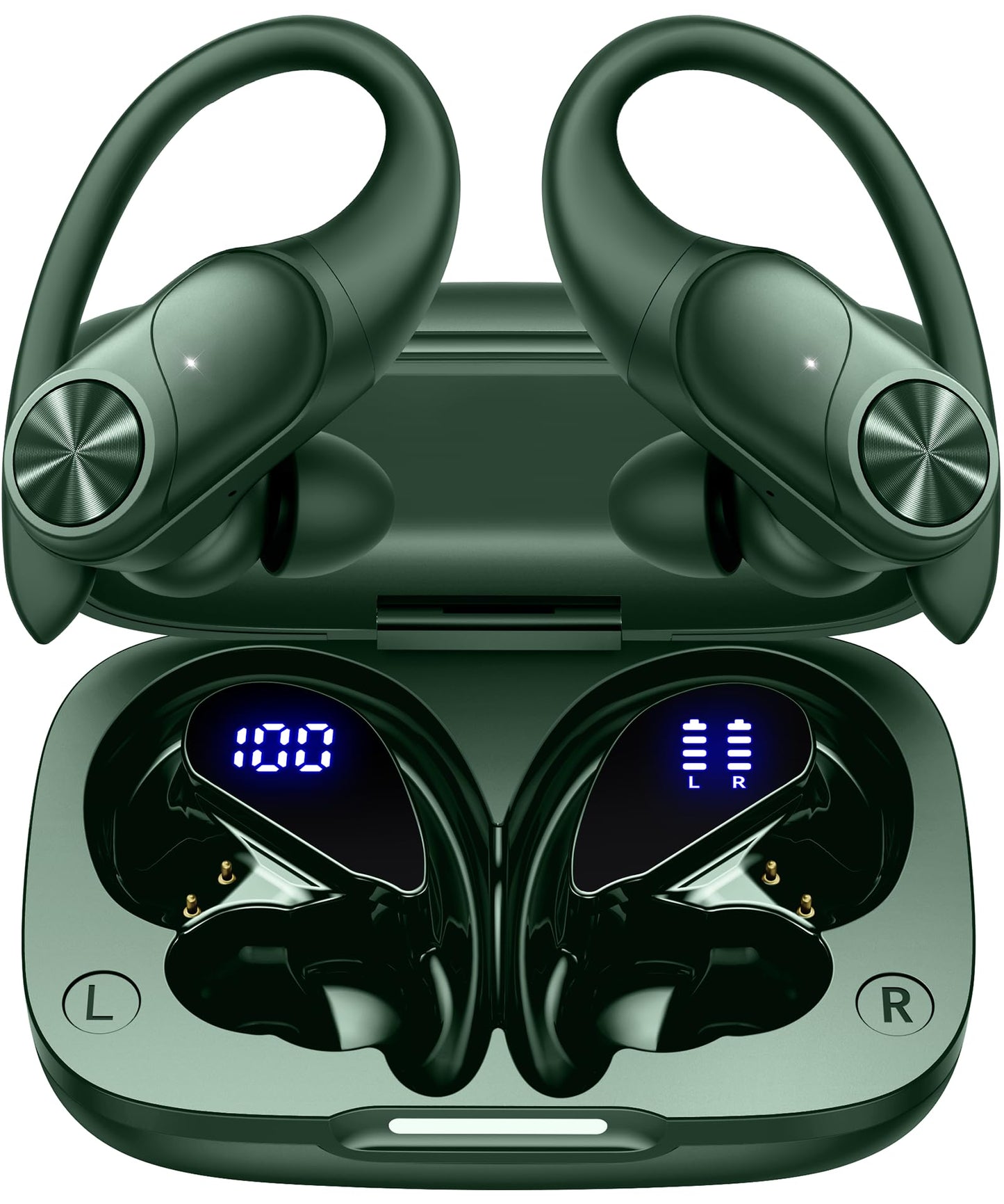 PocBuds Bluetooth Headphones Wireless Earbuds 80hrs Playtime Wireless Charging Case Digital Display Sports Ear Buds with Earhook Deep Bass IPX7 Waterproof Over-Ear Earphones for TV Phone Laptop Black