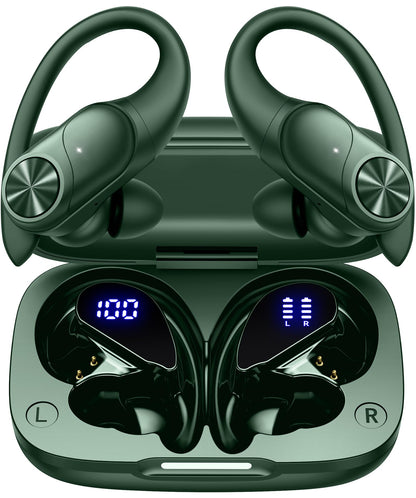 PocBuds Bluetooth Headphones Wireless Earbuds 80hrs Playtime Wireless Charging Case Digital Display Sports Ear Buds with Earhook Deep Bass IPX7 Waterproof Over-Ear Earphones for TV Phone Laptop Black