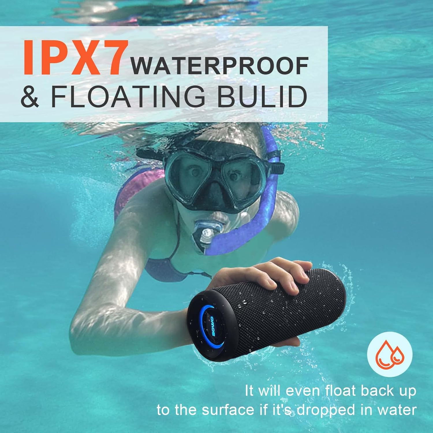 Wireless Portable Speaker,IPX7 Waterproof Bluetooth Speaker, 25W Loud Stereo Sound, Bassboom Technology, TWS Pairing, Built-in Mic, 16H Playtime with Lights for Home Outdoor - Black