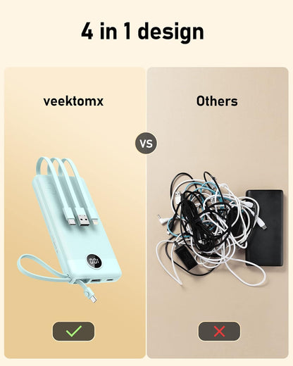 VEEKTOMX Portable Charger Built-in Cables, Power Bank for iPhone, Fast Charge USB C Battery Pack Travel Essentials Powerbank Compatible with iPhone 17/16/15/14, Samsung S25/24