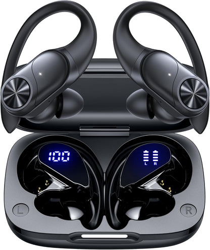 PocBuds Bluetooth Headphones Wireless Earbuds 80hrs Playtime Wireless Charging Case Digital Display Sports Ear Buds with Earhook Deep Bass IPX7 Waterproof Over-Ear Earphones for TV Phone Laptop Black