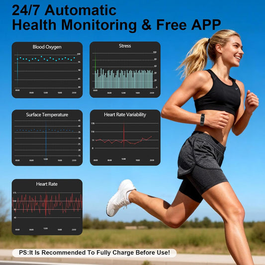 Smart Bracelet Fitness Trackers for Men Women, Smart Watch 24/7 Heart Rate Sleep Stress HRV Monitor, 170+ Sports Modes, 2 Bands, Free APP