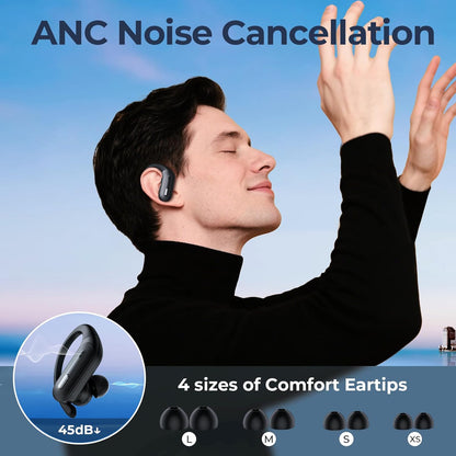 Active Noise Cancelling Bluetooth Headphones Wireless Earbuds 90 Hrs Playtime Ear Buds with Hi-Res Stereo Deep Bass Power Display Earphones with Earhooks Waterproof Transparency Headset Sports/Running