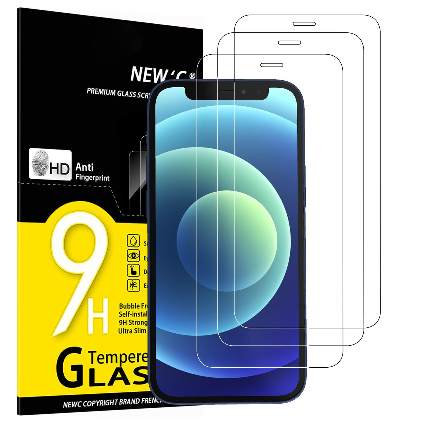 NEW'C 3 Pack Designed for iPhone 12,iPhone 12 Pro Screen Protector (6.1"), Enhanced Tempered Glass Protection, Case Friendly Bubble Free Ultra Resistant