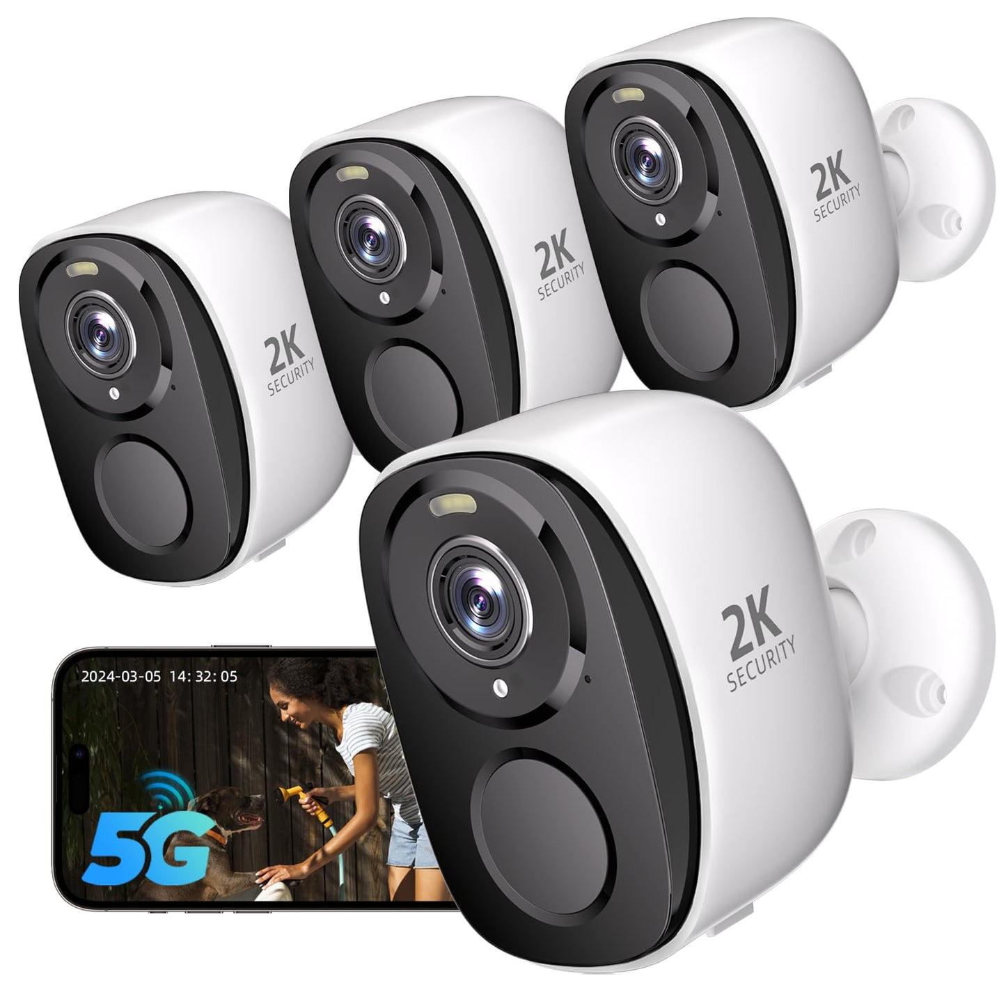 Rraycom 4Pack 5G/2.4G Security Cameras Wireless Outdoor,2K Battery Powered AI Motion Detection Siren Alarm WiFi Home Indoor Camera, Color Night Vision, 2-Way Talk, Waterproof, Works w/Alexa, Cloud/SD