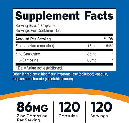 Nutricost Zinc Carnosine 86mg, 120 Capsules - Non-GMO, Gluten Free, Zinc L-Carnosine Supplement