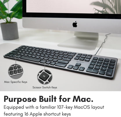 Macally Backlit Mac Keyboard - Quiet, Sleek, and Functional - 3 Brightness Levels, 107 Keys, 5ft USB Wired - Apple Keyboard - Backlit Wired for Mac, iMac, MacBook Pro/Air - Space Gray