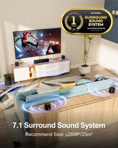 ULTIMEA 7.1ch Sound Bar with Subwoofer, Virtual Surround Sound System for TV, Sound Bar for Smart TV with 4 Surround Speakers, Peak Power 330W, TV Soundbar with App Control, Opt/AUX/BT, Aura A40
