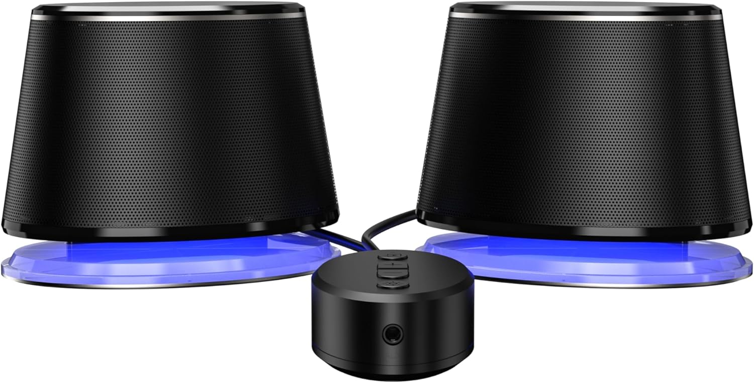 Amazon Basics Bluetooth Computer Speakers with USB 3.0, LED Blue Lighting, Volume Control, USB Powered, Set of 2
