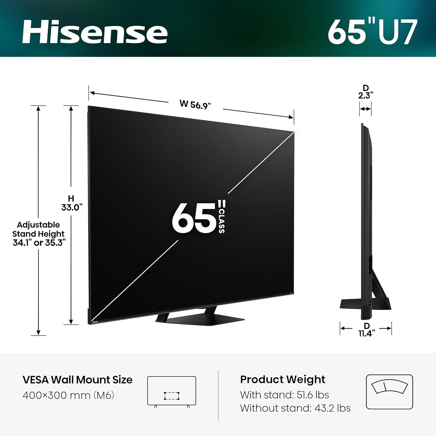 Hisense 65" U7 Mini-LED ULED 4K UHD Best Premium Gaming Smart Google TV (65U7SG, 2026 NEW) - Hi-QLED, Native 165Hz, VRR 330, HDR10+, Dolby Vision IQ · Atmos, IMAX Enhanced, Anti-Reflection, 2.1.2 Ch