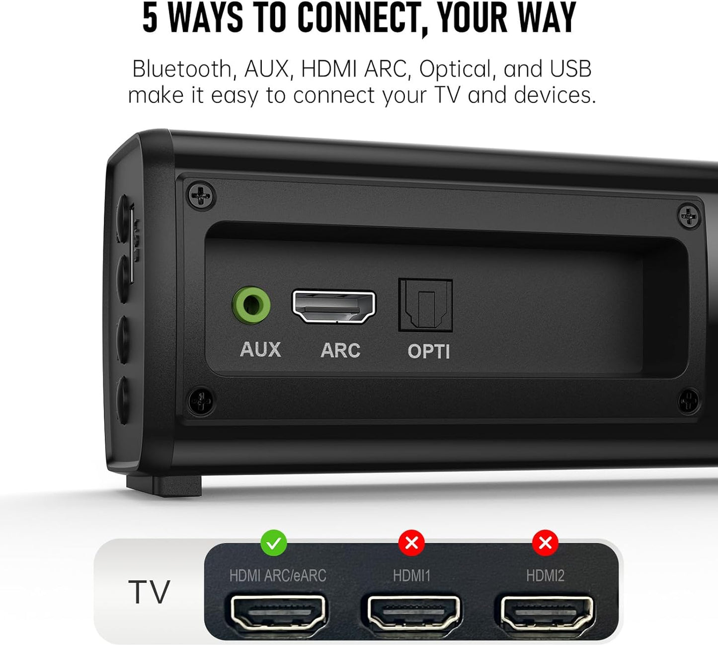 Bluetooth Wireless Surround Sound Bar, Sound Bar Wireless Surround Speakers, HDMI Sounds Bars Smart TV HDMI(ARC) OPT AUX USB 2.0ch 3 Modes Home Theater Sounds System TV/PC/Gaming/Projector, Black