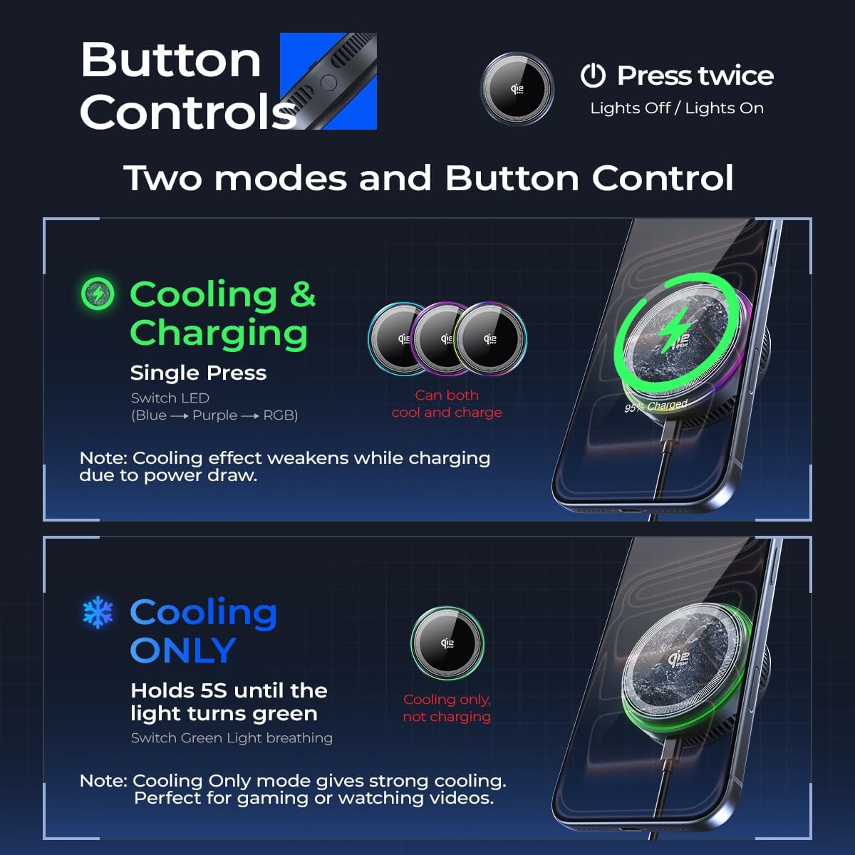 Qi2.2 Wireless Charger【25W Fast Charging+Cooling Fan】 Magnetic Charger Pad with 2 Modes,LED Light Phone Holder Fast Charging Compatible with iphone17/16/15/14/13/12 Series