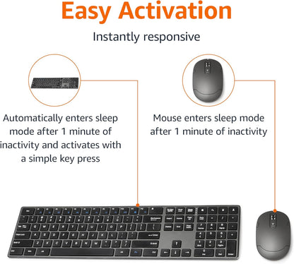 Amazon Basics Ultra Premium Wireless Keyboard and Mouse Combo, Rechargeable, Full-Size with Number Pad, Sleek Design, Plug and Play, Quiet Typing, 2.4GHz USB Receiver, Black