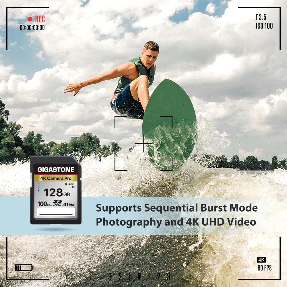 【5-Years Data Recovery】GIGASTONE 128GB SD Card, 4K Camera Pro, A1 V30 SDXC Memory Card 4K UHD Video Compatible with Canon Digital Camera, with 1 Mini Cases