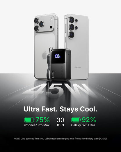 INIU Portable Charger, Ultra Mini 10000mAh 45W Fast Charging with Detachable Cable, Flight-Safe Travel USB C Power Bank External Phone Battery Pack for Xiaomi iPhone 17 16 Samsung S26 Google iPad etc
