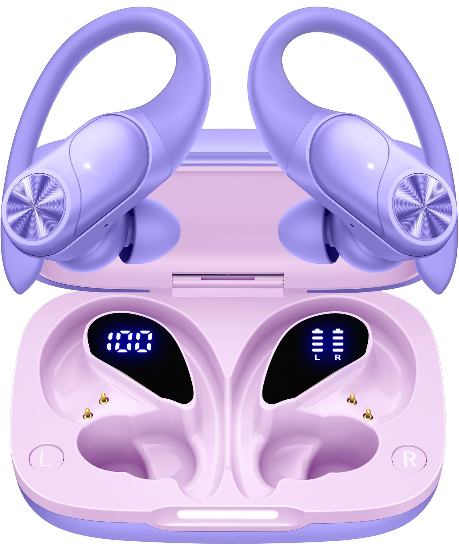 PocBuds Bluetooth Headphones Wireless Earbuds 80hrs Playtime Wireless Charging Case Digital Display Sports Ear Buds with Earhook Deep Bass IPX7 Waterproof Over-Ear Earphones for TV Phone Laptop Black