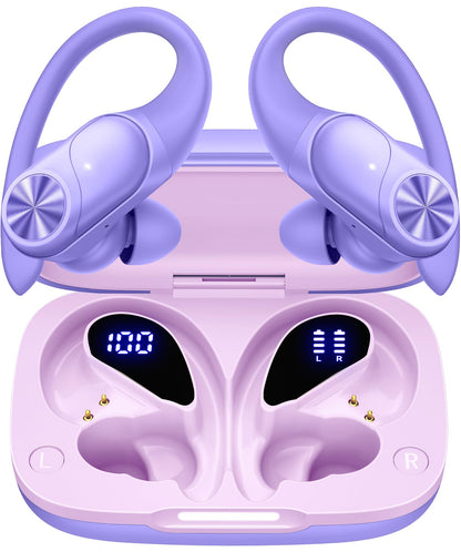 PocBuds Bluetooth Headphones Wireless Earbuds 80hrs Playtime Wireless Charging Case Digital Display Sports Ear Buds with Earhook Deep Bass IPX7 Waterproof Over-Ear Earphones for TV Phone Laptop Black