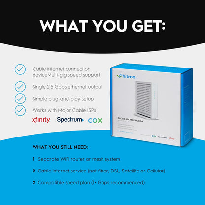 Hitron CODA56 DOCSIS 3.1 Cable Modem ONLY (NOT Fiber) | 2.5 Gbps | NO WiFi/Voice/Router | Single Ethernet Port | Xfinity/Spectrum/Cox Compatible | Requires Separate WiFi Router