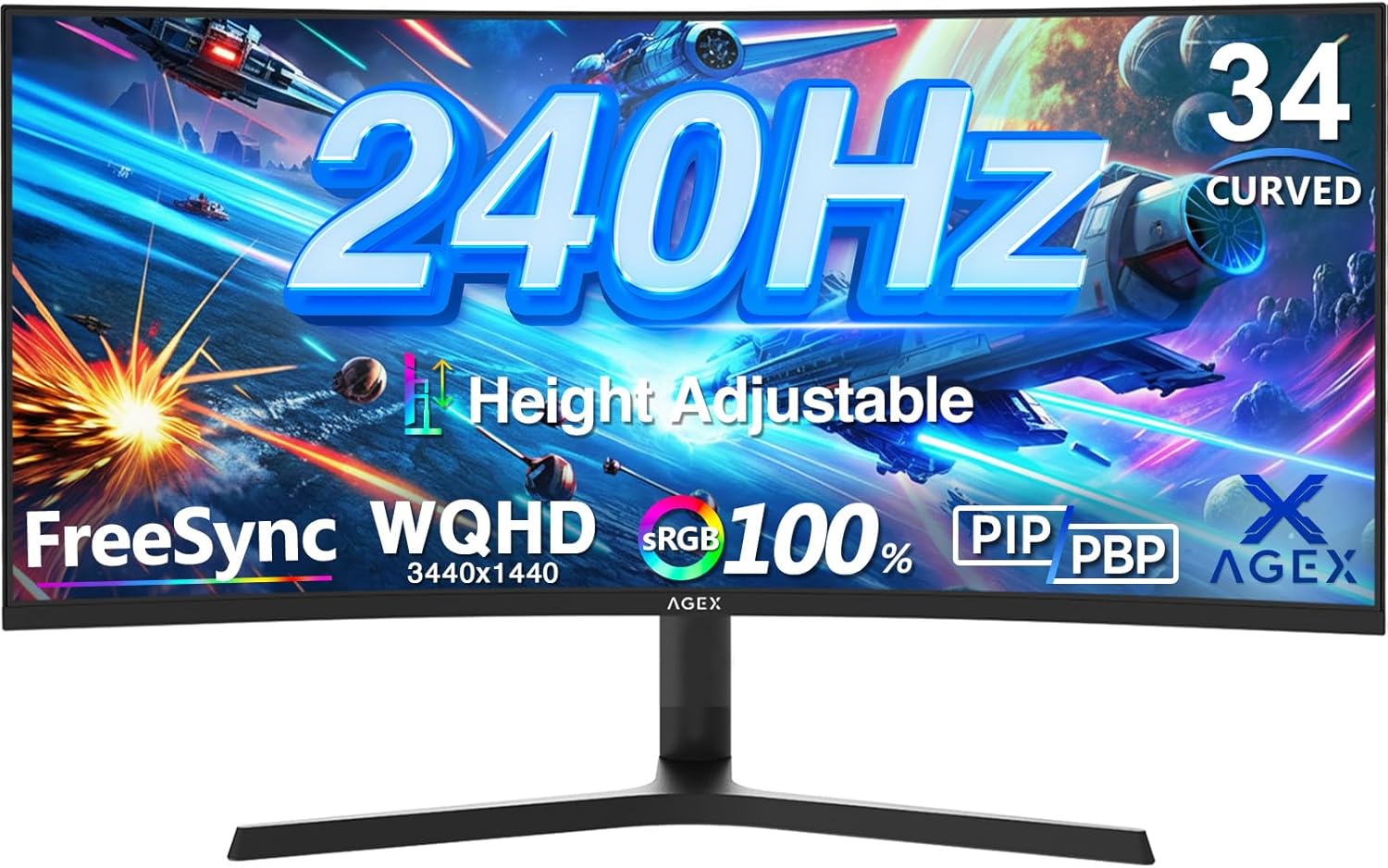 Z-Edge 34" Curved Gaming Monitor, WQHD 1440P 240Hz 165Hz Computer Monitor, MPRT 1ms, 21:9 Aspect Ratio, 1500R，16.7M Colors, 4000:1 Contrast, AG34P Edgeless, Height Adjustable 2X DP and 2X HDMI