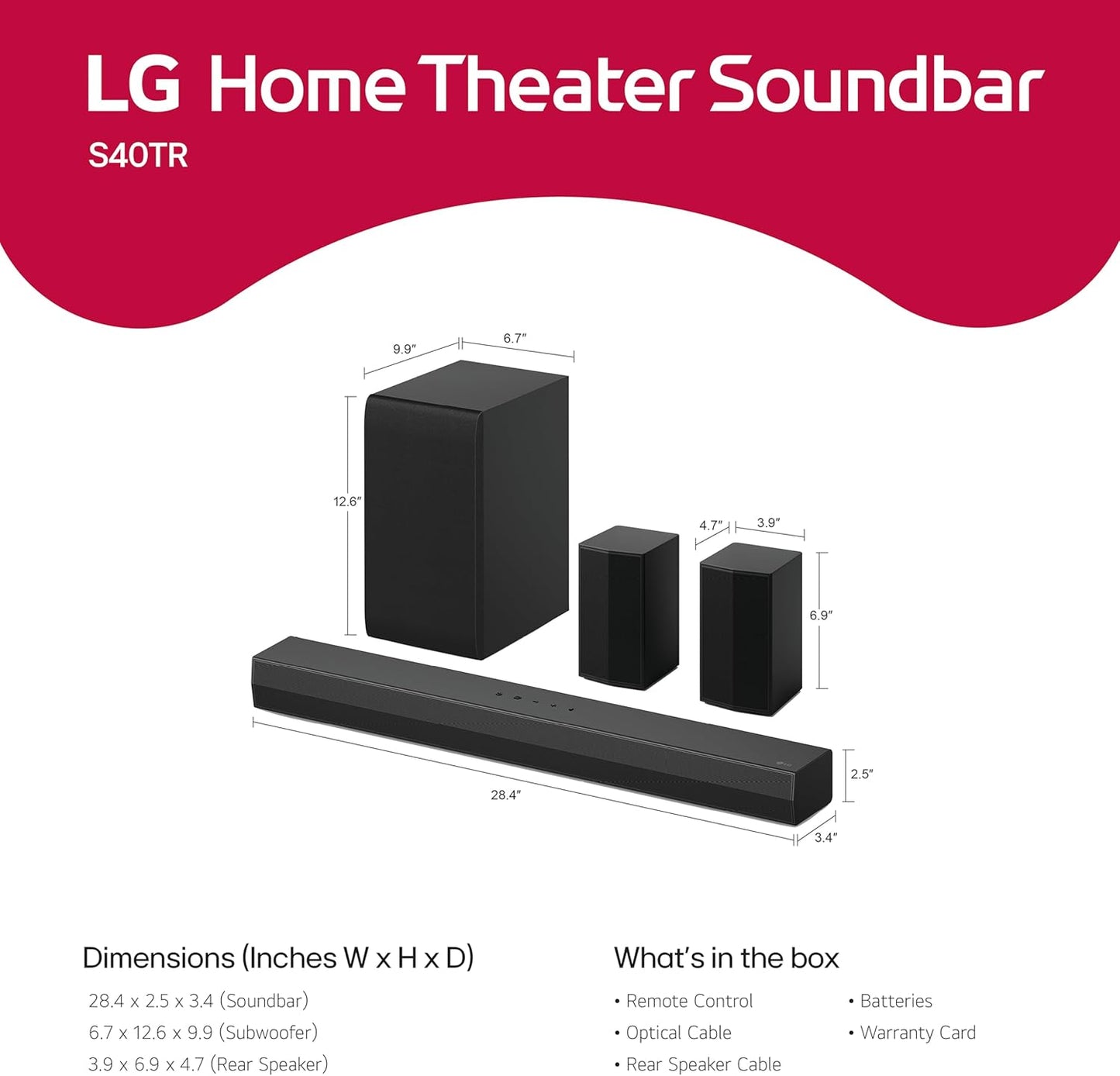 LG S40TR 4.1 ch. Home Theater Soundbar with Rear Surround Speakers and Wireless Subwoofer, Wow Interface, Dolby Audio, AI Sound Pro, Amazon Exclusive