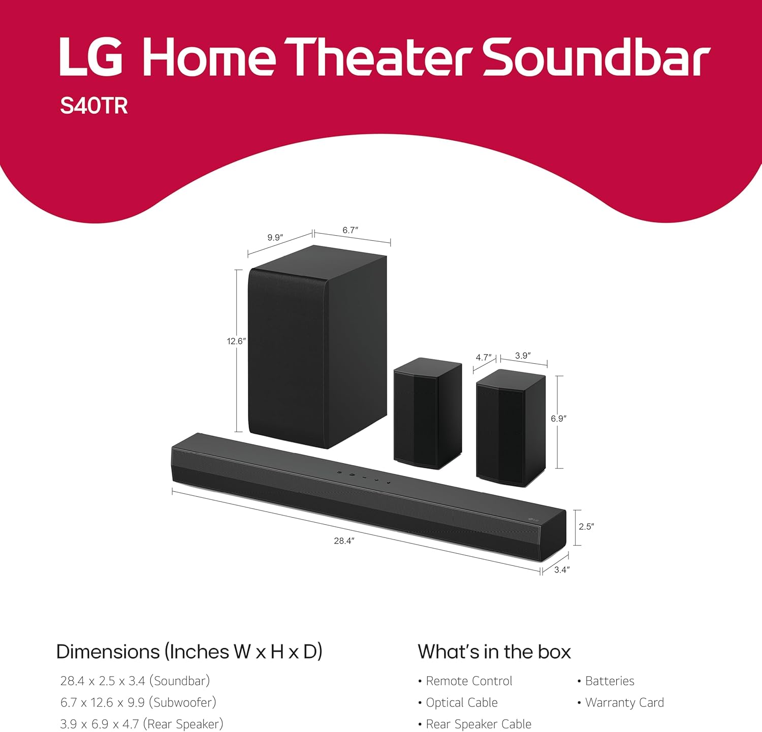LG S40TR 4.1 ch. Home Theater Soundbar with Rear Surround Speakers and Wireless Subwoofer, Wow Interface, Dolby Audio, AI Sound Pro, Amazon Exclusive