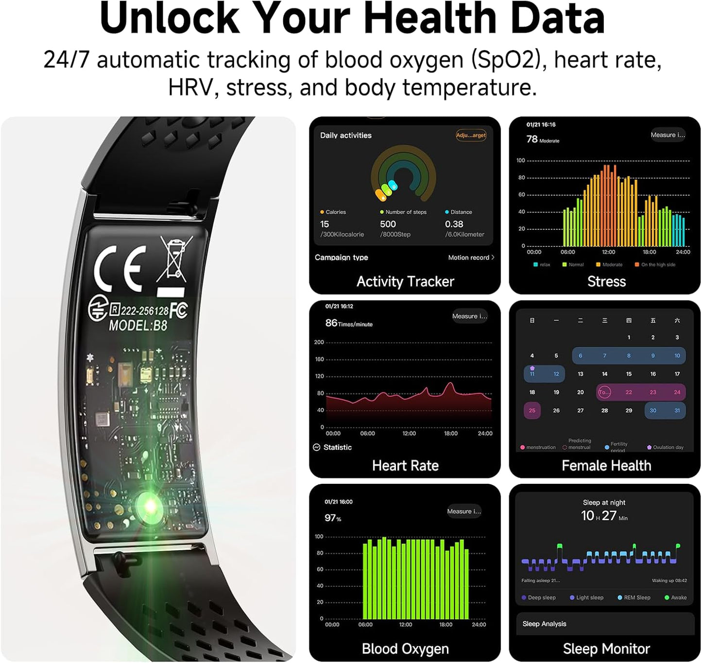 Smart Bracelet, Subscription-Free 24/7 Health Tracking, Heart Rate, SpO2, HRV & Sleep Tracker with IPX8 Waterproof, Wearable Activity & Fitness Tracker, 7-Day Battery, 2 Bands