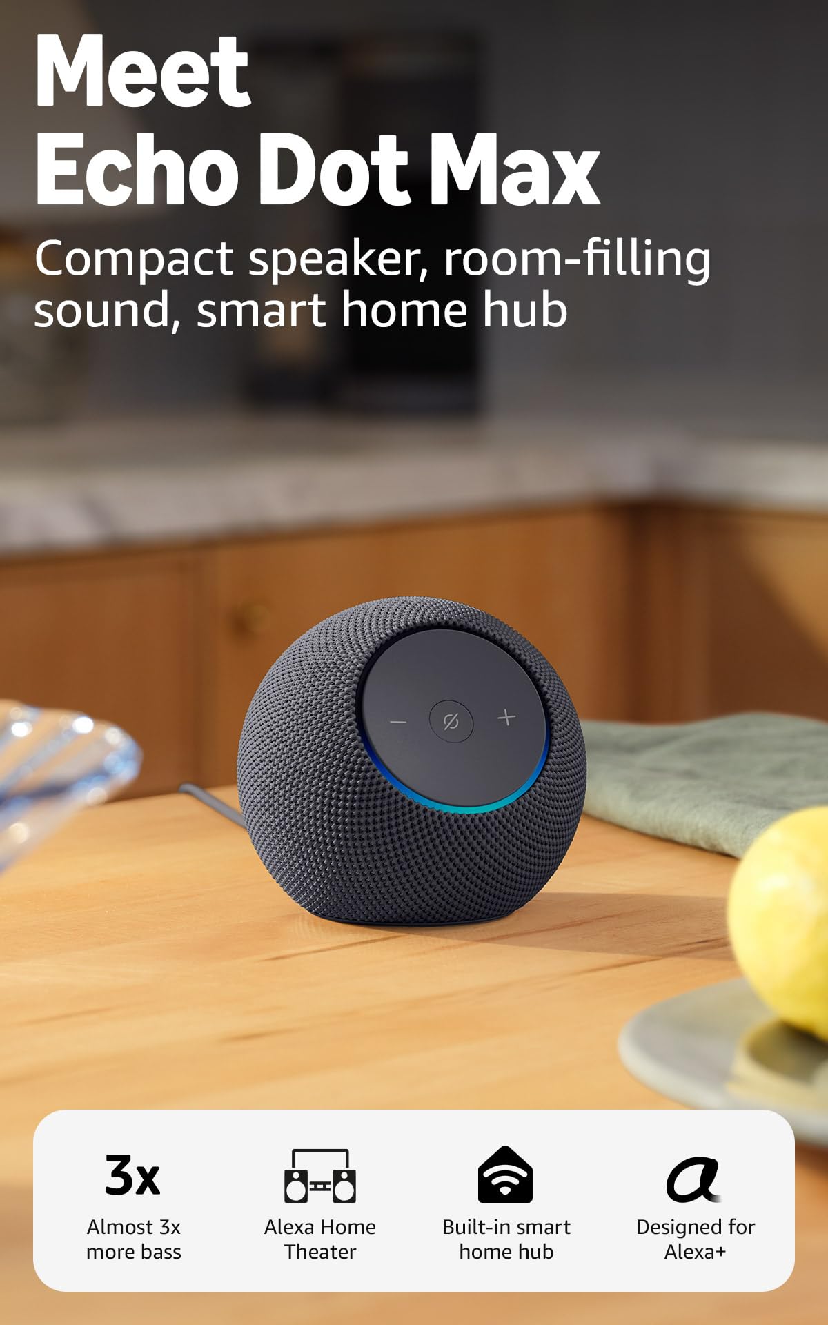 Amazon Echo Dot Max (newest model), Alexa speaker with room-filling sound and nearly 3x bass, Great for living rooms and medium-sized spaces, Designed for Alexa+, Glacier White