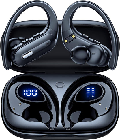 Active Noise Cancelling Bluetooth Headphones Wireless Earbuds 90 Hrs Playtime Ear Buds with Hi-Res Stereo Deep Bass Power Display Earphones with Earhooks Waterproof Transparency Headset Sports/Running