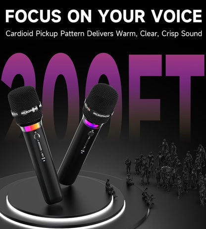 Wireless Microphone, Rechargeable Wireless Microphones with One-to-One Chip Connection and LED Lights, 40H Duration, 200FT Range Receiving, Less Latency Karaoke Microphone for Singing, Speech, Party