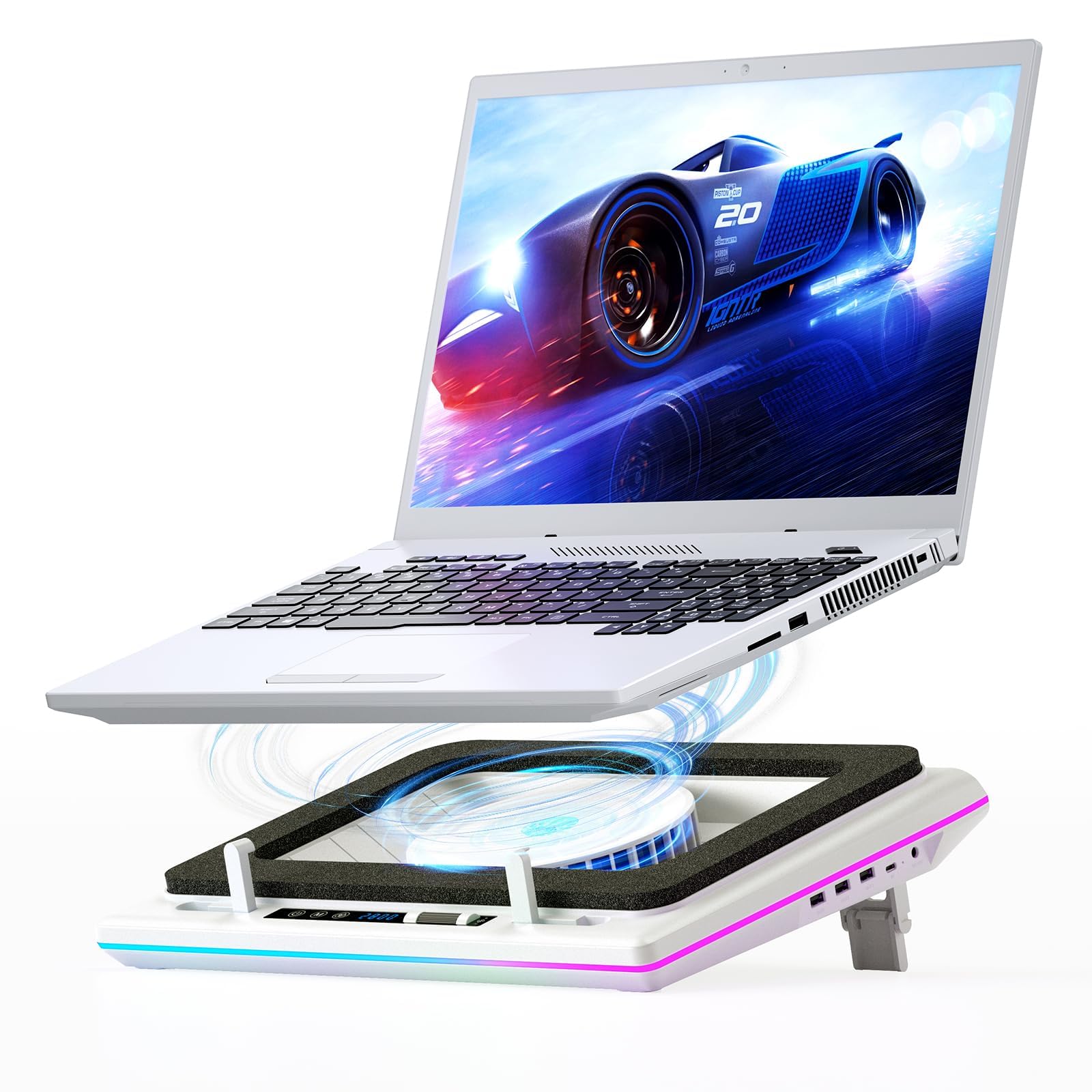llano V12 Gaming Laptop Cooling Pad, RGB Laptop Cooler, Laptop Cooling Fan Stand with 5.5 Inch Powerful Turbofan, for 15.6-19in Laptop, Adjustable Speed, Dustproof, 3-Port USB Hub, Black (RGB)