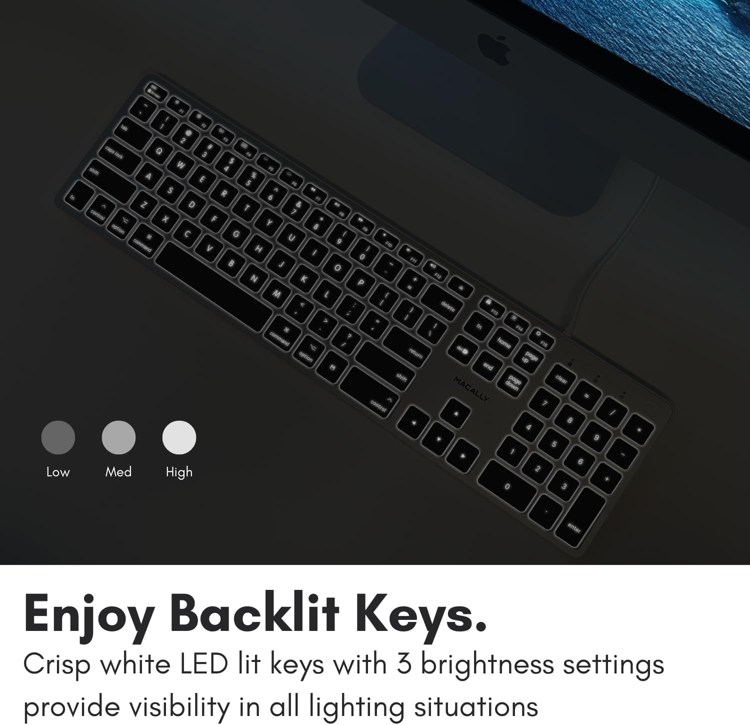 Macally Backlit Mac Keyboard - Quiet, Sleek, and Functional - 3 Brightness Levels, 107 Keys, 5ft USB Wired - Apple Keyboard - Backlit Wired for Mac, iMac, MacBook Pro/Air - Space Gray