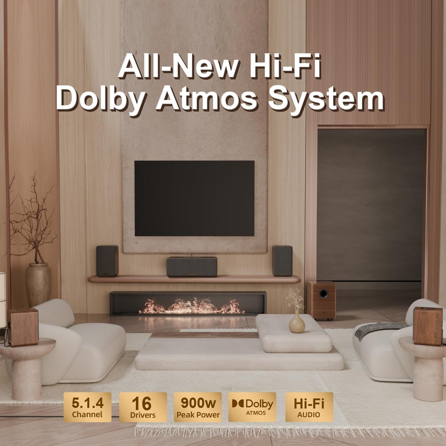 Flagship 5.1.4 Hi-Fi Surround Sound System with Dolby Atmos, Center Speaker with 4 Surrounds, 25 Hz Subwoofer, 900W Home Theater Sound Bar for Smart TV, HiFi-Grade Crossover, Color: Wood