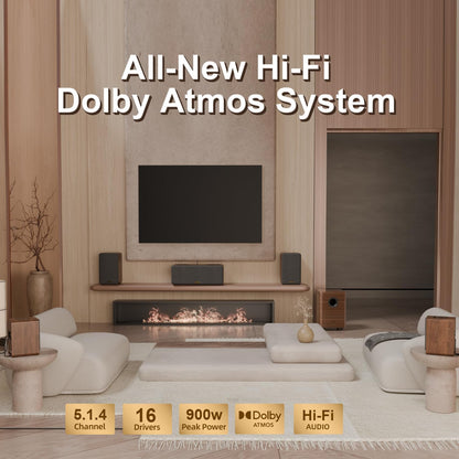 Flagship 5.1.4 Hi-Fi Surround Sound System with Dolby Atmos, Center Speaker with 4 Surrounds, 25 Hz Subwoofer, 900W Home Theater Sound Bar for Smart TV, HiFi-Grade Crossover, Color: Wood