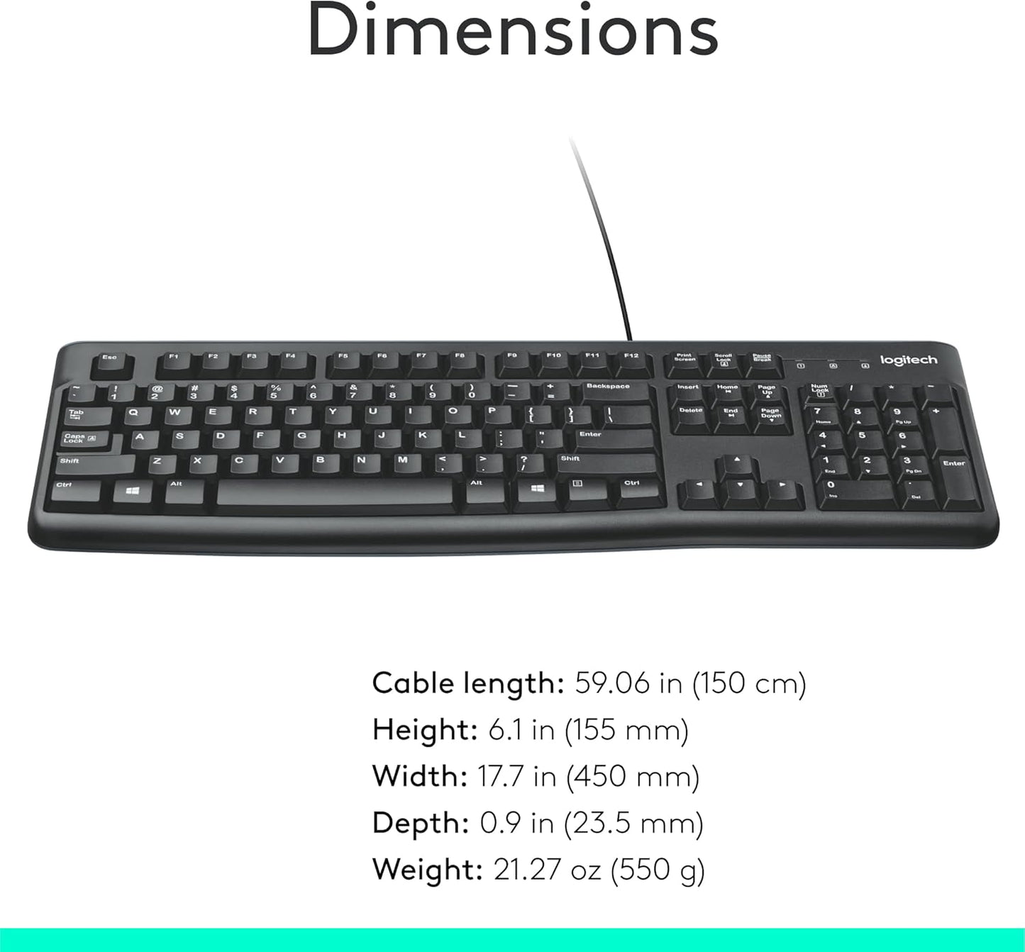 Logitech K120 Wired Keyboard for Windows, USB Plug-and-Play, Full-Size, Spill-Resistant, Curved Space Bar, Compatible with PC, Laptop - Black