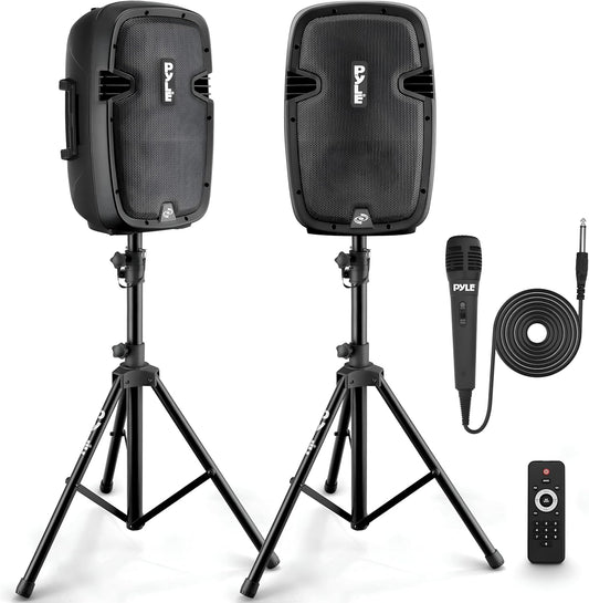 Pyle Active + Passive PA Systems - Dual 8inch 700 Watt Max Power Output Speaker with Microphone, Bluetooth Wireless Streaming, MP3/USB/SD/AUX Readers, Speaker Stands- Pyle PPHP849KT