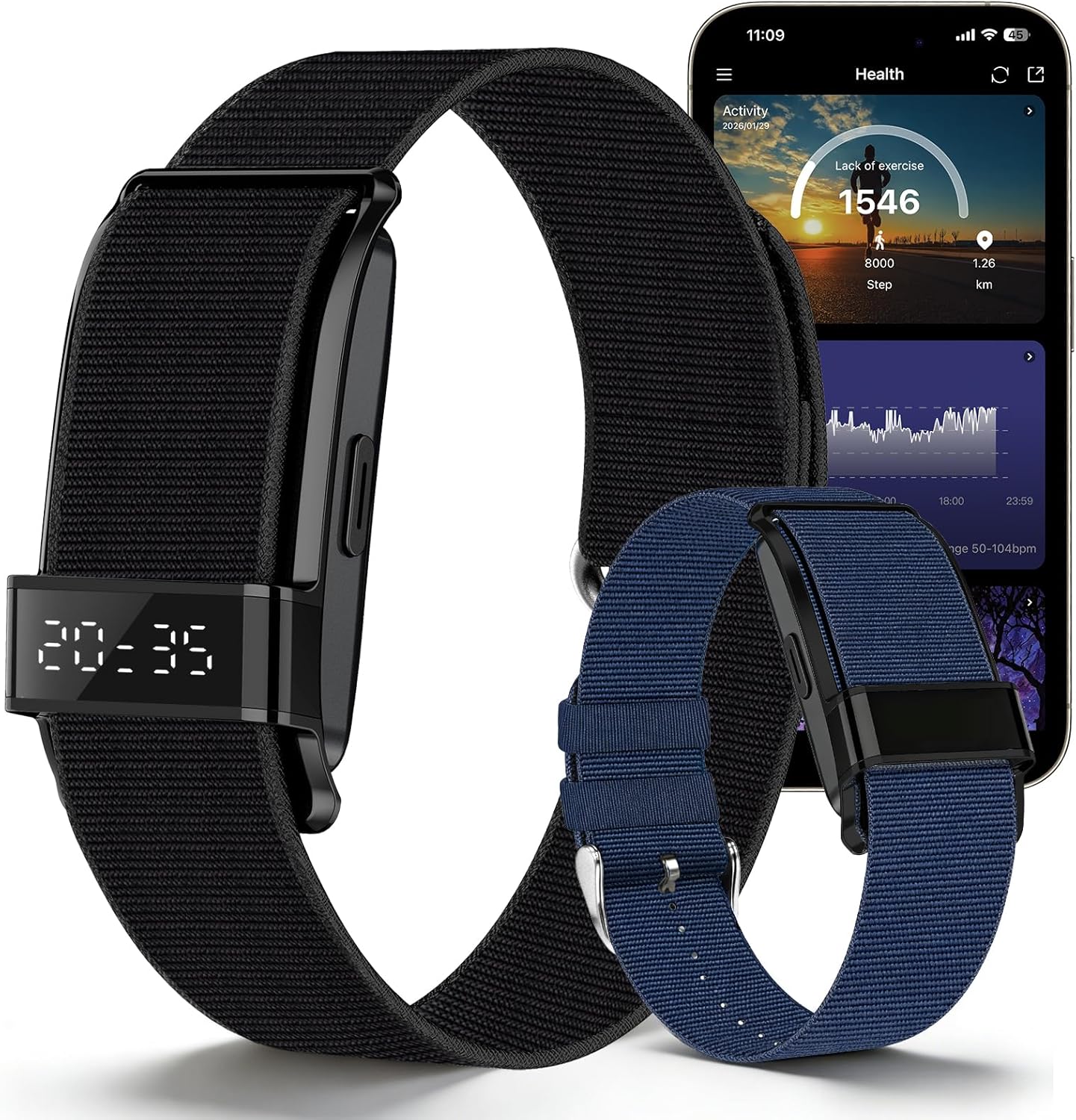 Fitness Trackers Smart Wristband with Hidden Screen(Wrist-Raise Screen Activation) Activity & Sleep Tracker with Heart Rate/HRV/Blood Oxygen, Vibration Alerts, Free APP Black (Universal Size)