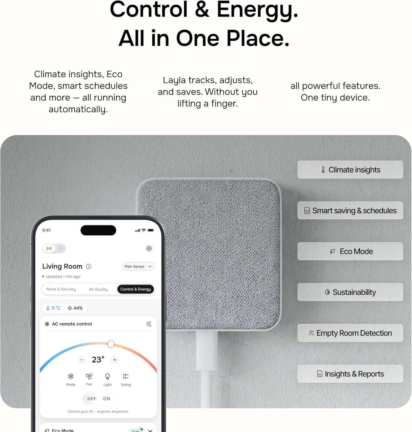 Layla Smart Air Conditioner Controller | WiFi Remote & Sensor | Wireless AC Controller, Home Energy-Saving Cooling Device | Quick & Easy Installation Maintains Comfort & Control for Mini Split