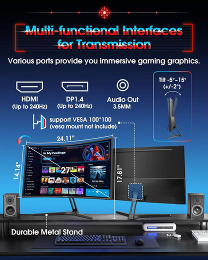 SANSUI 27 Inch Curved 240Hz Gaming Monitor FHD 1080P, 1500R Curve Computer Monitor, 130% sRGB, 4000:1 Contrast, HDR, FreeSync, MPRT 1Ms, Low Blue Light, HDMI DP Ports, Metal Stand, DP Cable Incl.