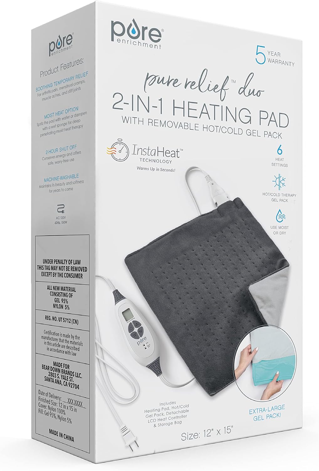 Pure Enrichment® PureRelief® Duo 2-in-1 Heating Pad with Removable XL Hot/Cold Gel Pack, Soft Microplush Pad Warms Up in Seconds, Ideal for Back Pain, Cramps, & Muscle Aches in Legs & Shoulders (Gray)