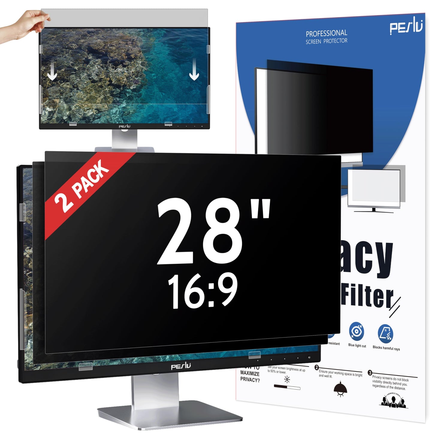 Peslv [2-Pack] 24 Inch Privacy Screen for Computer Monitor 16:9 Aspect Ratio, Eye Protection Anti Blue Light Glare Shield, 24inch Removable Black Blackout Anti Spy Desktop Security Private Filter