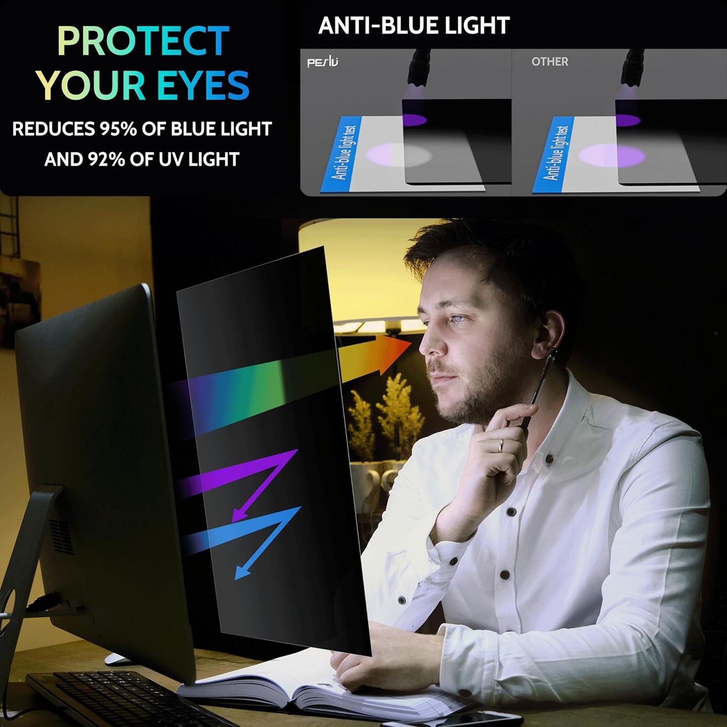 Peslv [2-Pack] 24 Inch Privacy Screen for Computer Monitor 16:9 Aspect Ratio, Eye Protection Anti Blue Light Glare Shield, 24inch Removable Black Blackout Anti Spy Desktop Security Private Filter