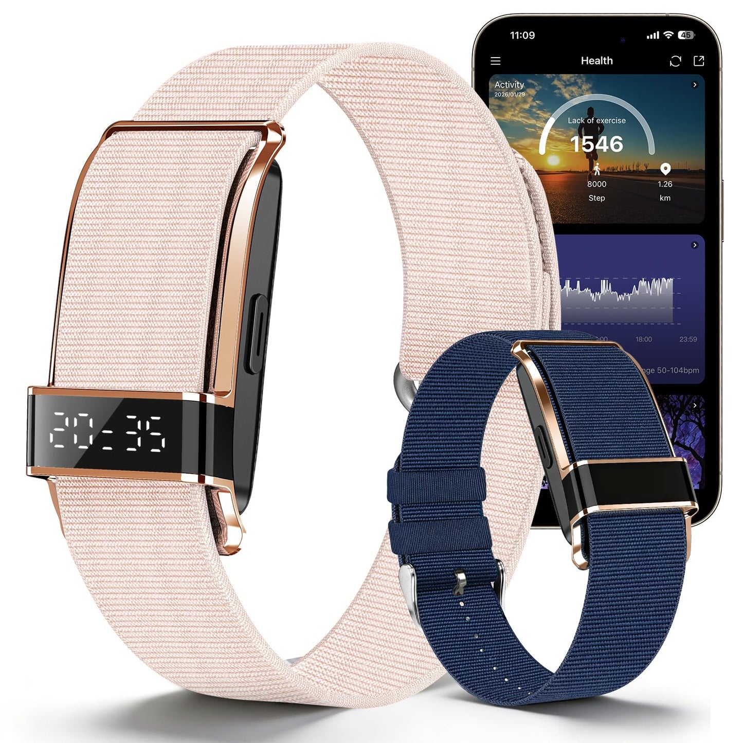 Fitness Trackers Smart Wristband with Hidden Screen(Wrist-Raise Screen Activation) Activity & Sleep Tracker with Heart Rate/HRV/Blood Oxygen, Vibration Alerts, Free APP Black (Universal Size)