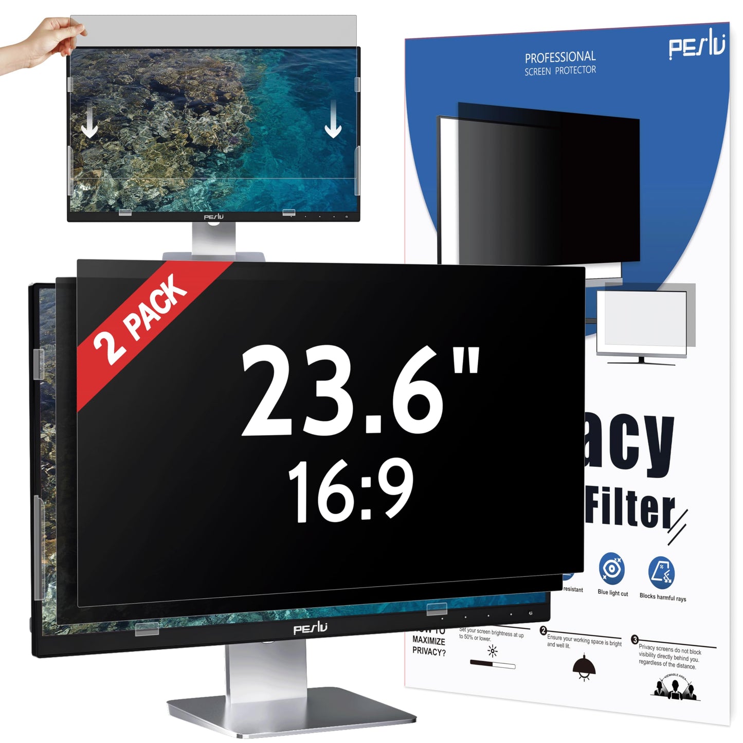 Peslv [2-Pack] 24 Inch Privacy Screen for Computer Monitor 16:9 Aspect Ratio, Eye Protection Anti Blue Light Glare Shield, 24inch Removable Black Blackout Anti Spy Desktop Security Private Filter